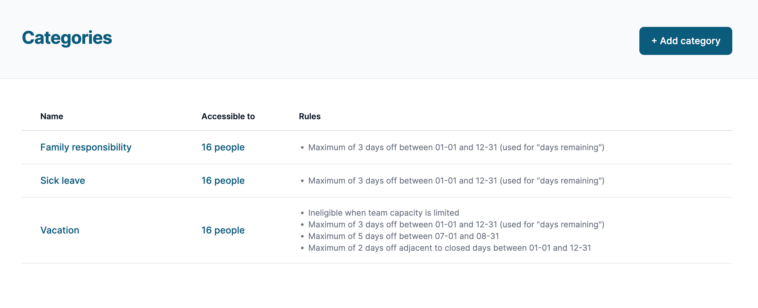 Custom time-off categories with rules
